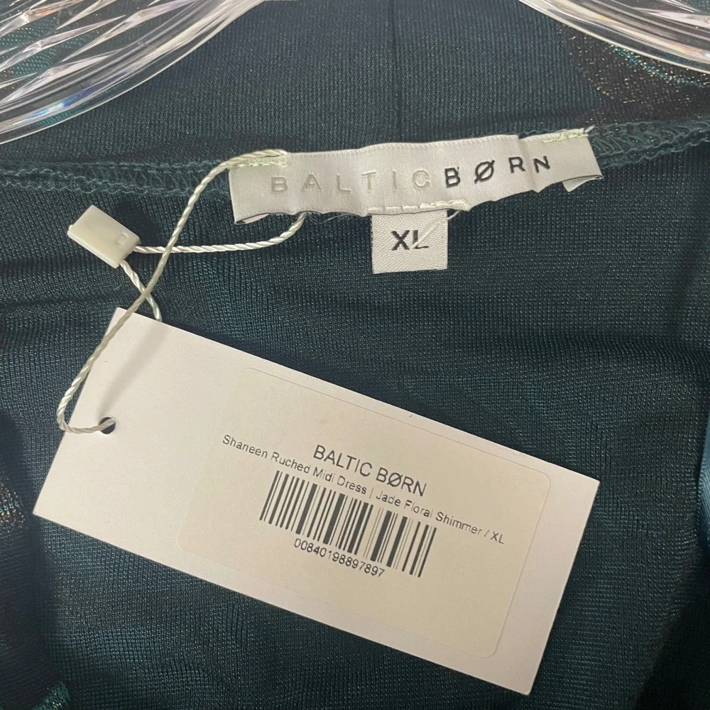 Baltic Born Shaneen Ruched Midi Dress XL Jade Floral Shimmer Wedding Guest Luxe